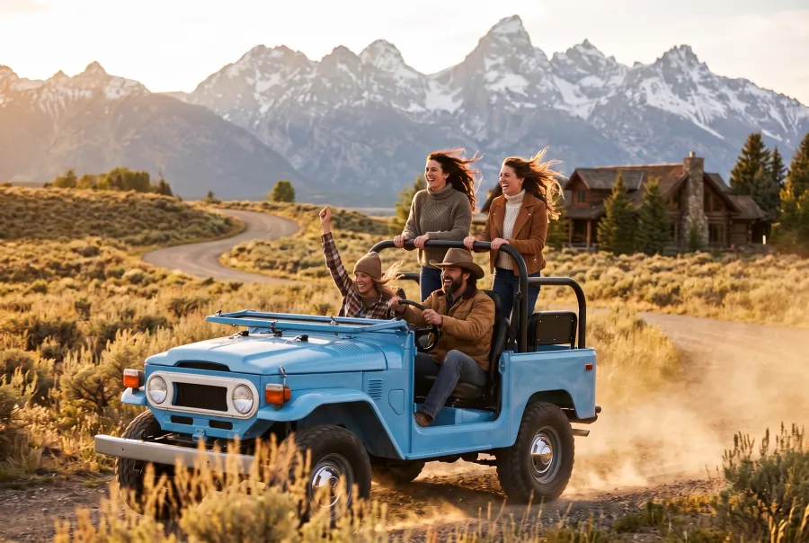 A vintage sky-blue Land Cruiser with the top off and windshield folded down on a dirt ranch road, a man in a cowboy hat driving and three women laughing, snowy peaks and the lodge behind.