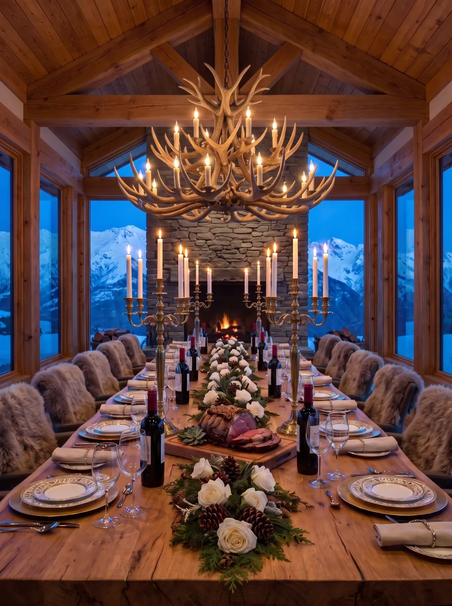 A timber lodge dining room set for a dinner party under an elk antler chandelier, with brass candelabras, white roses, prime rib and red wine, a stone fireplace at the far end and snowy peaks through the windows.