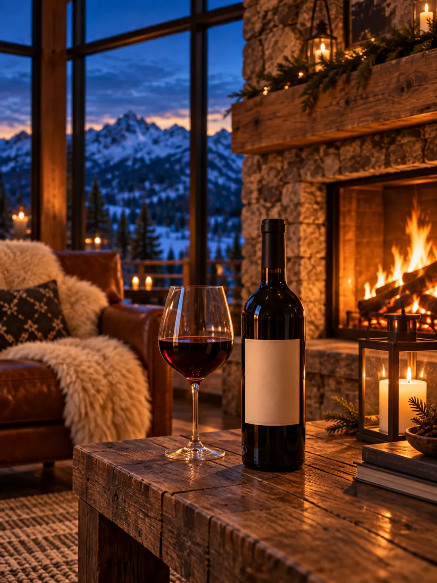 A bottle of red wine and a poured glass on a timber table beside a roaring stone fireplace, snowy peaks through the window.