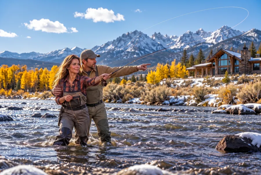 On a bright autumn morning, a man in waders at a woman's shoulder points across a clear Wyoming river, guiding her fly cast, golden aspens, snowy peaks and the lodge behind.