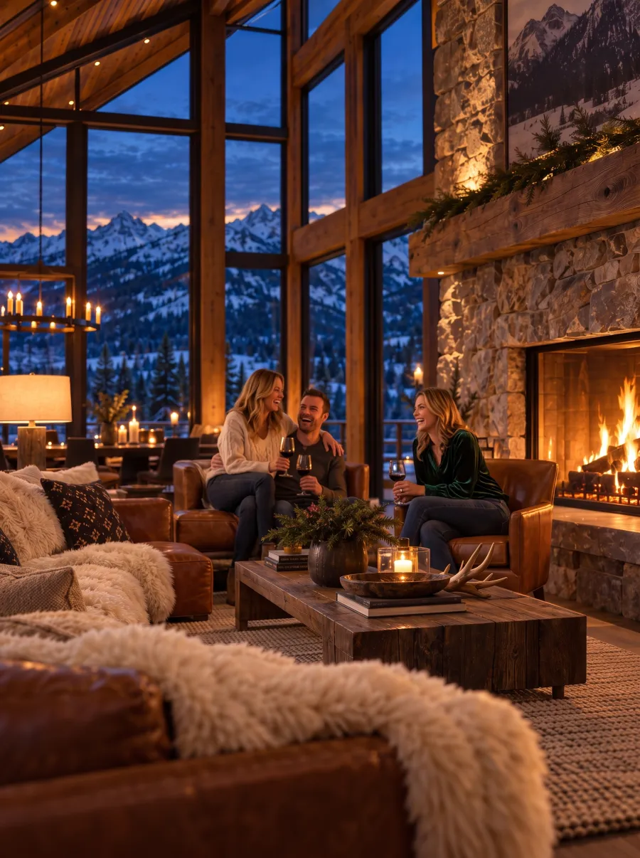 A lodge great room at night: a woman sits sideways across a man's lap with her arm around him, another woman laughs with them from the leather armchair, a fire roaring in the stone hearth and snowy peaks through the glass.