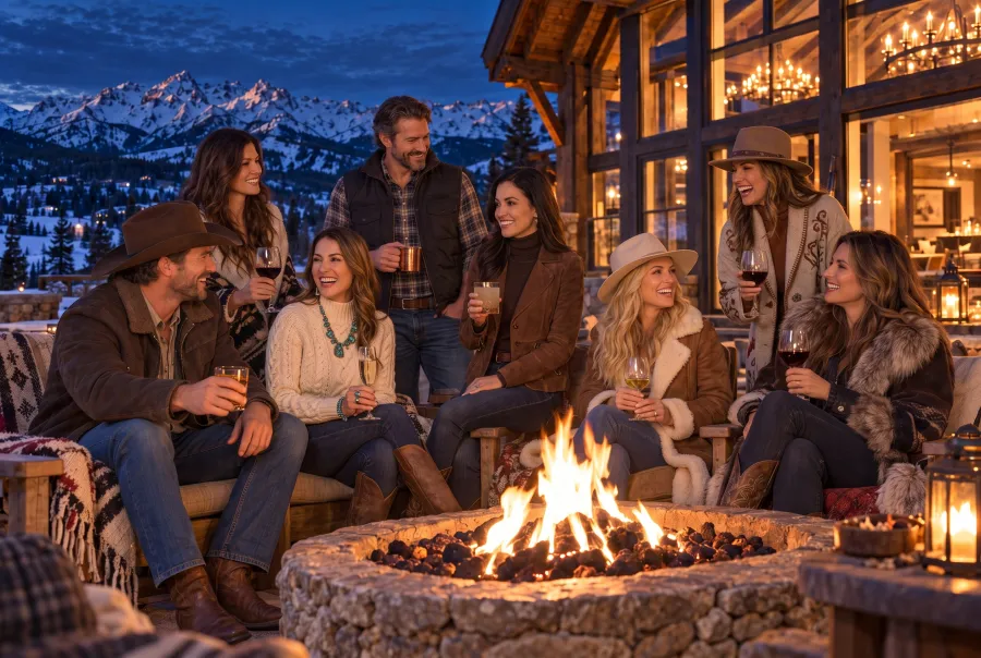 Eight friends in Western winter wear laughing around a stone fire pit at night, wine glasses in hand, the glowing lodge and snowy peaks behind.