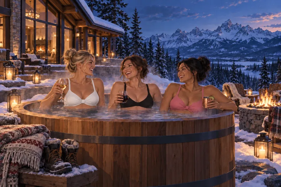 Three friends laughing with drinks in a steaming cedar hot tub at dusk, lodge windows glowing and snowy peaks behind.