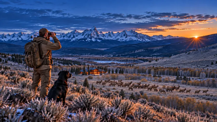 A hunter glassing frosted sagebrush at sunrise with a black Labrador beside him, a herd of elk in the valley below the lodge and snowy peaks.