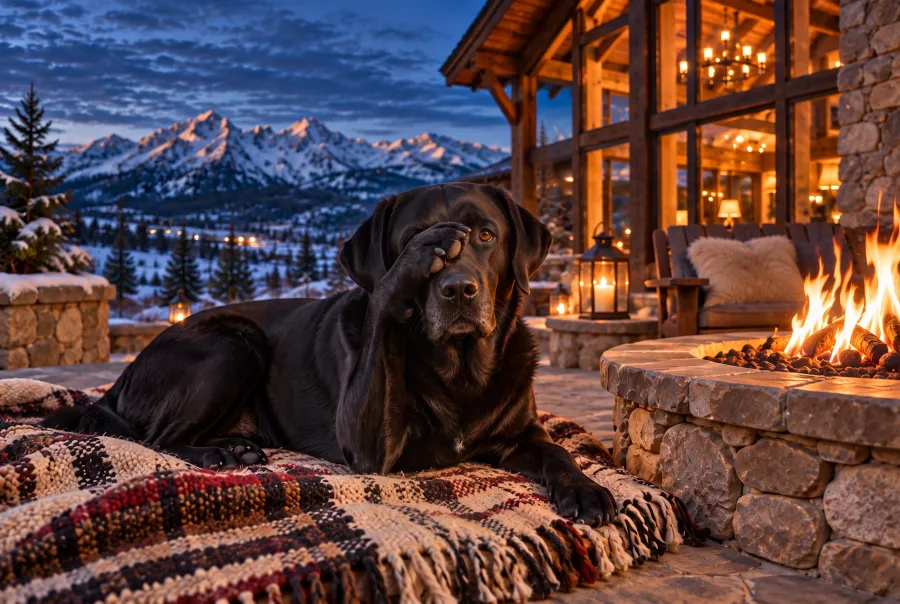 A black Labrador on a wool blanket by the fire pit, one paw over its eye as if it saw nothing.