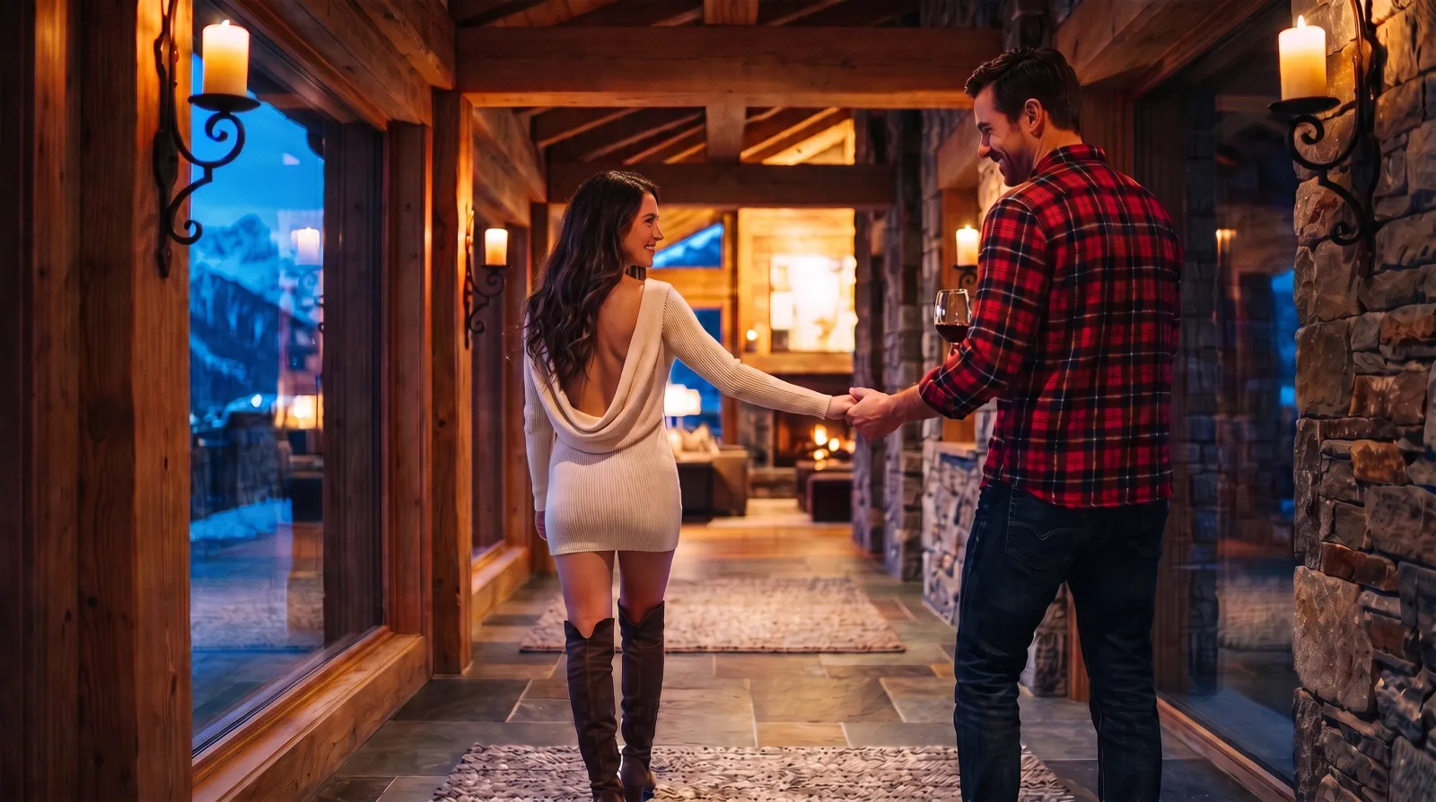Seen from behind in a short cowl-back knit dress and tall boots, a woman glances back as she leads a man by the hand down a candlelit lodge hallway, a glass of red wine in his other hand.