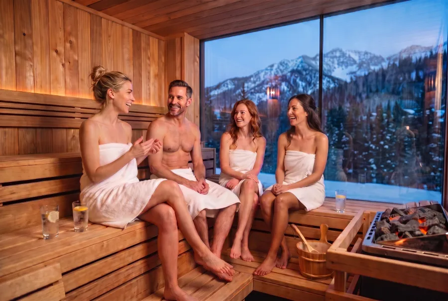 A blonde, a redhead and an olive-skinned brunette in white towels laughing with a man in a cedar sauna, the stove glowing and snowy peaks through the window.